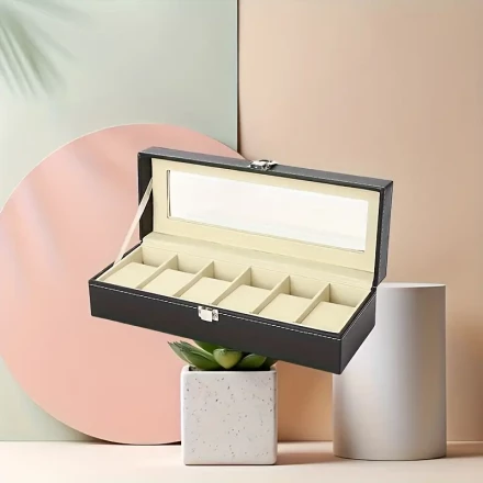 [Outdoor Lifestyle] Luxury Black PU Leather Watch Display Case with Velvet Lining, 6-Slot Organizer for Collection and Showcase, Elegant Storage Box for Multiple Watches - Random Interior Color, Outdoor Accessory Organizer | Sophisticated Design | Soft Cl