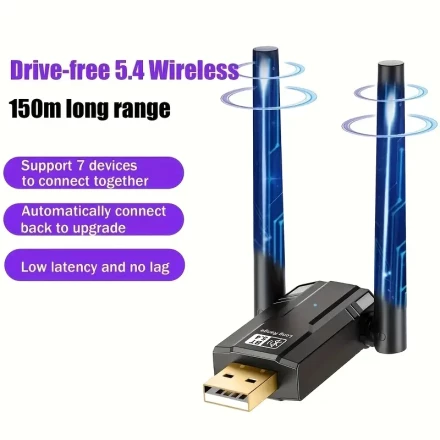 USB Wireless 5.4 Adapter with Dual Antennas, Long Range 150m Wireless Network Dongle for PC, Supports Windows 11/10/8.1 Plug & Play, Connects Up to 7 Devices, Backward Compatible with BT 5.3/5.1/5.0/4.2/4.1/4.0