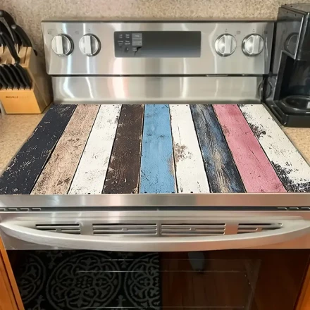 1pc Retro Wood Grain Striped Polyester Stove Cover Pad - Anti-Slip Protective Mat for Kitchen Appliances, Vibrant Home Decor Accessory, No Battery Required