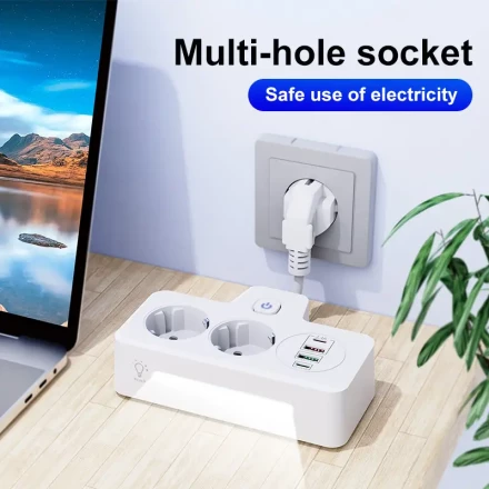 Multi-Outlet Power Strip with Switch, 2 Euro Plug Sockets, 2 USB & 2 Type-C Ports Charger, 9 Non-Slip Pads, Desk Mounted Adapter with Night Light, Wall-Mounted Dual Socket, for Home, Office, Travel, White - Smart Socket Technology, 220V-240V Power Supply,