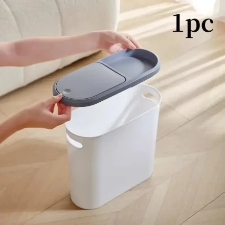 1-3 Pack Slim Fit Press Top Lid Trash Can, Durable Plastic, Space-Saving Design, Large Capacity, Anti-Tip, Ideal for Bathroom, Kitchen, Home Essentials, No Battery Required