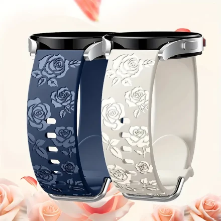 2pcs Floral Silicone Watch Bands for Women & Men - Waterproof Sports Replacement Straps with Rose Design, Compatible with Samsung Galaxy Watch 4/5/3/Active 2 (20mm), Black & Light Blue (Watch Not Included)