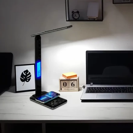 Desk Lamp with Wireless Charger, USB Port, Dimmable Office Desk Light with Clock, Alarm, Date, Temperature, Foldable Lamp for Table Bedroom Bedside Office