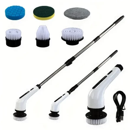 Electric Cleaning Brush with a Rotating Floor Scrubber, USB-C Charging Cable, Interchangeable 8 Brush Heads, And an Adjustable Extended Handle.