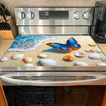 1pc Vibrant Beach Shell & Blue Butterfly Stove Cover Pad - Non-Slip Polyester, Protective Kitchen Accessory for Stove and Countertops, Adds Home Decor