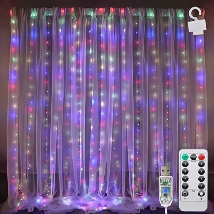 1pc 118-Inch USB Powered LED Curtain Lights with Remote, 3m Length, 8 Modes, Non-Rechargeable Button Battery, Festive Decoration for Celebrations