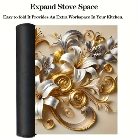 1pc Metal Style Lily Flower Pattern Heat-Resistant Stove Protector Mat, Size 72.01 cm X 51.99 cm, Glass Stove Protector, Scratch-Resistant Stove Cover, Dishwasher Safe Natural Rubber Mat for Kitchen Cooking.