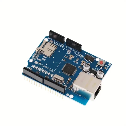 Ethernet W5100 Network Expansion Board with SD Card Slot, Compatible with MEGA and UNO Development Boards, Blue ABS Plate with Golden Solder Pins, Compact Design for Easy Integration