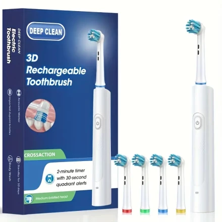 Rechargeable Electric Toothbrush with 5 Modes and 4 Replacement Heads, USB Charging, Mirror Surface, Plaque Cleaning, Deodorization, Lithium Battery Powered, Smart Electric Toothbrush - USB Charging, 3D Round Head Soft Brush for Deep Cleaning and Whitenin