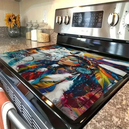 1 Native American Chief Pattern Gas Stove Protector - High-Temperature Resistant, Scratch-Proof, Easy to Clean, Vibrant Design Adds Exotic Flair to Your Kitchen, Scratch Protection | Decorative Stove Cover | Polyester Fabric, Stove Top Protectors