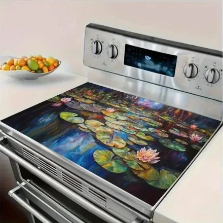 1pc Artistic Water Lily Gas Stove Burner Cover - High Temperature Resistant, Scratch-Proof, Easy to Clean, Vibrant for Lotus Design Adds Artistic Flair to Your Kitchen, Stove Top Protectors