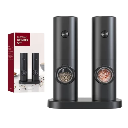 Set of 2 Electric Salt And Pepper Grinders - Battery-Operated (Batteries Not Included), Featuring LED Light And Storage Base, Designed for One-Handed Automatic Operation, Kitchen Gadget.