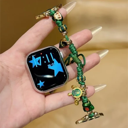 Stylish Green & Golden Braided Bracelet for Apple Watch - Fits Series 38/40/41/42/44/45/46/49mm, Compatible with SE/Ultra/iWatch 1-10, Aluminum Alloy Clasp, Decorative Charm Design, Apple Watch Accessories