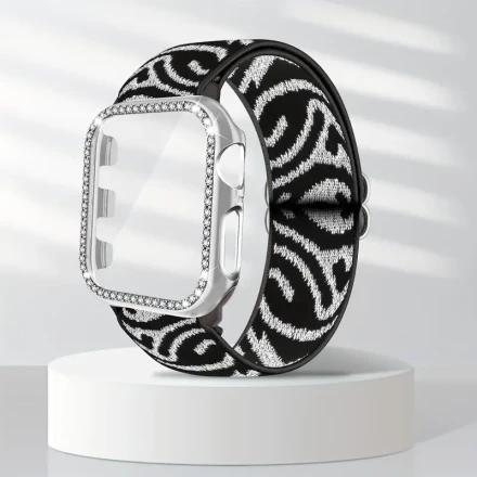Compatible with iWatch Band 38mm 40mm 41mm 42mm 44mm 45mm + Case, Nylon Stretch Woven Strap and PC Shiny Diamond Protective Case, Suitable for iWatch Ultra 2/ Ultra Series 9/8/7/6/5 4/3/2/1/SE