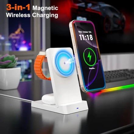 ALYNIC 3 in 1 Magnetic Wireless Charger Station, USB Type-C Fast Charging Dock for iPhone 16/15/14/13/12 Pro Max/Pro/Plus, iWatch, Earphones, Universal Charging Adapter with Charging Indicator, ≤36V Operating Voltage