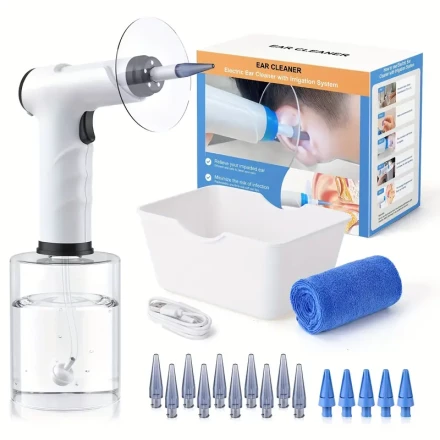 Electric & Manual Ear Cleaning System Kit, Rechargeable 2000mAh Lithium Battery, USB Dual Power Mode, Safe Low Voltage Operation, with 10 Nozzle Tips, Ear Wax Removal Tool with Syringe & Basin, for Adults, Ideal Christmas Gift