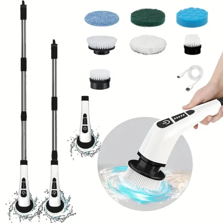 90-120Min Running Time 240/320RPM Cordless Electric Cleaning Brush Set, Long Handle Scrubber with 6 Replaceable Brush Heads, Full Floor Bathroom Bathtub Tile Scrubber, USB-C Charging Line Rotary