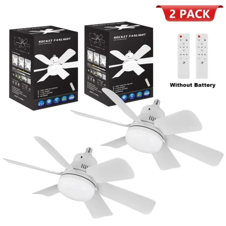 A Set of 2 Smart Ceiling Fan Lights with a Minimalist Design Featuring 6 White Square Blades, Equipped with Lights And a Remote Control. Compatible with E26/E27 Sockets, It Offers Adjustable Lighting And 3-Speed Settings, Making It Easy to Install in Bedr