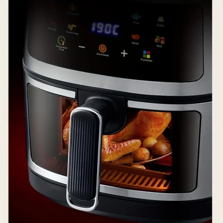 1pcs Air Fryer 6L Clear Windows, Custom Program Options, 6-in-1 Function, Crispy Skin, Broiler, Roasted, Dehydrated, Bakes, Reheated, Black