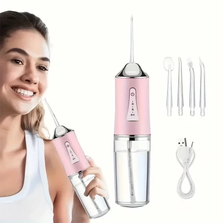 Electric Water Flosser with Intelligent Chip, 3-Mode Precision Pressure Control, USB Rechargeable Oral Irrigator with 500mAh Lithium Polymer Battery, 4 Compatible Nozzles, 360 Degree Rotating Head for Deep Teeth Cleaning