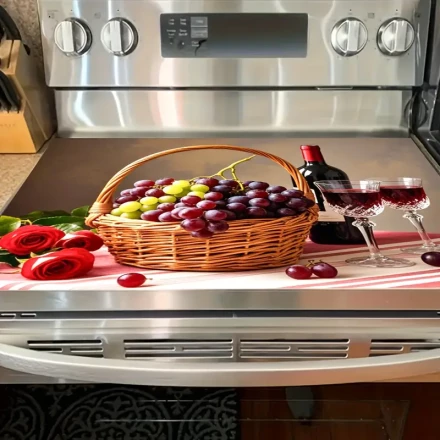 1pc Classic Basket of Grapes & Wine Design Non-Slip Oven Hood, Heat Resistant Scratch Proof Synthetic Material, Machine Washable, with Stove Top Protector for Flat Top Ovens, Home Kitchen Decorative Mat, Kitchen Countertop Mat | Kitchen Aesthetic Enhancem