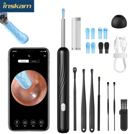 7pcs smart ear canal cleaning kit with camera, light and 6 ear spoons - rechargeable ear pick with lithium battery, metal, plastic and silicone structure - safe and easy-to-use home ear canal cleaning tool, smart visual ear pick, black sponge ear spoon