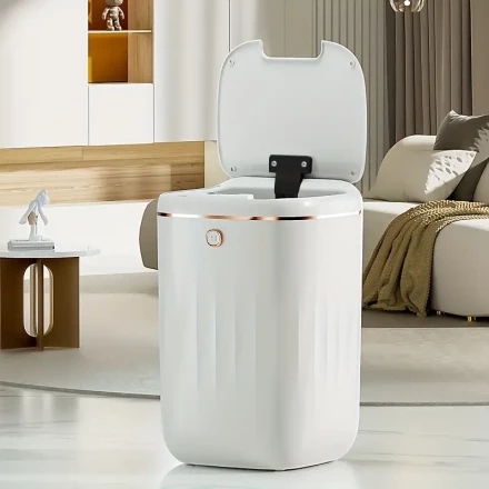 24L Large Capacity Automatic Trash Can with Motion Sensor, Odor-Sealing, Shock-Resistant, Battery Powered, Floor Mount, for Home, Kitchen, Office, Bedroom, Bathroom, Living Room - White (Battery Not Included)